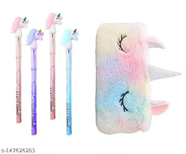 Unicorn Theme Pencil Case with 4 Pcs Pencils (Multicolor, Set of 2)