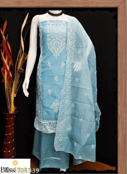 Embroidered Pakistani Suits Semi-Stitched Suits for Women (Blue, Un Stitched)
