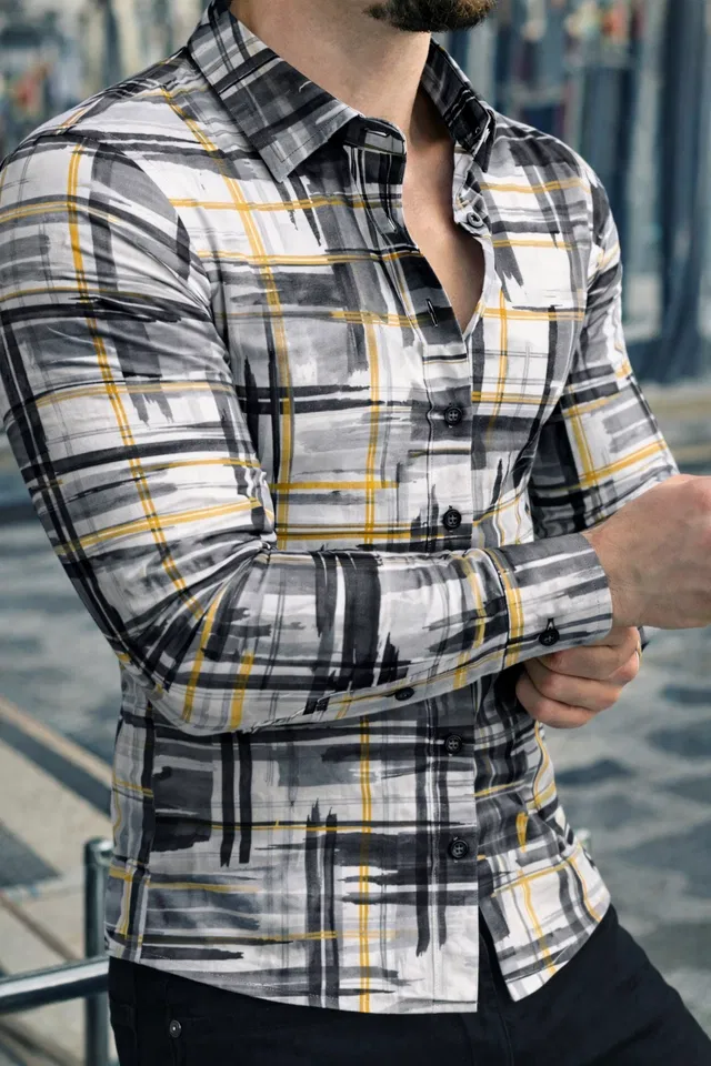 Lycra Geometric Print Shirt for Men, Grey (M)