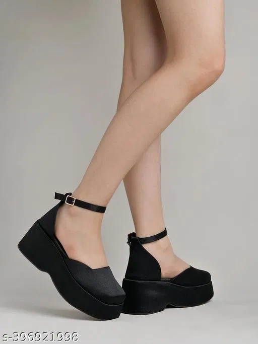 [67] Solid Synthetic Platform Sandals for Women (Black, IND-4)
