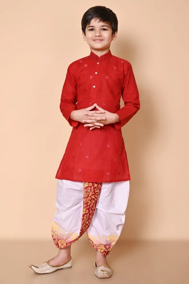 Cotton Embellished Kurta with Dhoti for Boys, Red & White (6-12 Months)