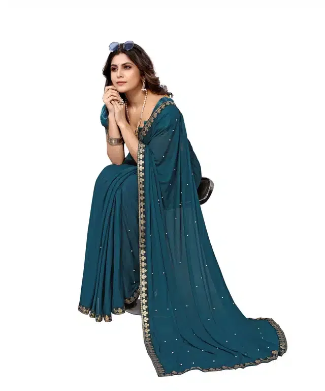 Lycra Solid Saree for Women (Teal, 6 m)