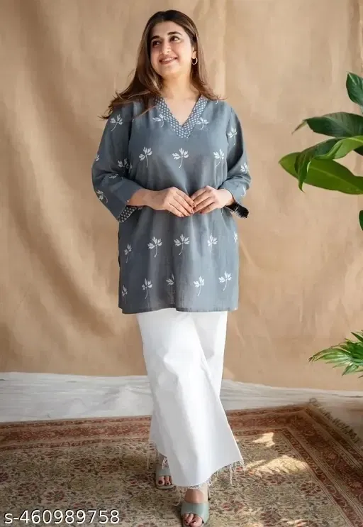 Rayon Block Print Short Kurti for Women (Grey, XS)