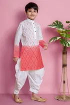Cotton Embroidery Kurta with Dhoti for Boys, Pink & White 