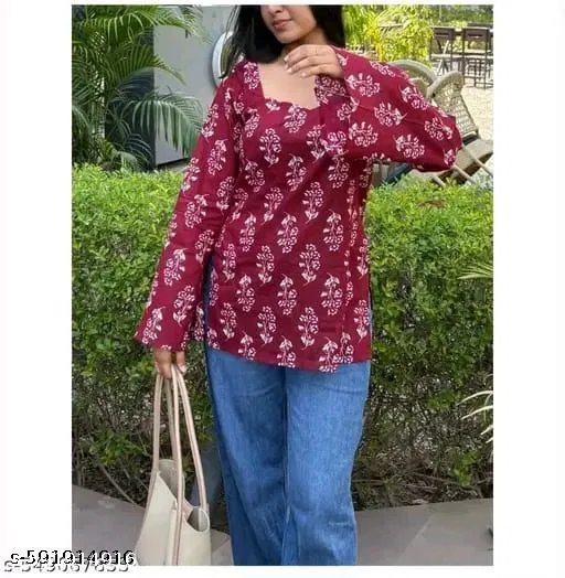 Rayon Printed Short Kurti for Women, Maroon (XL)