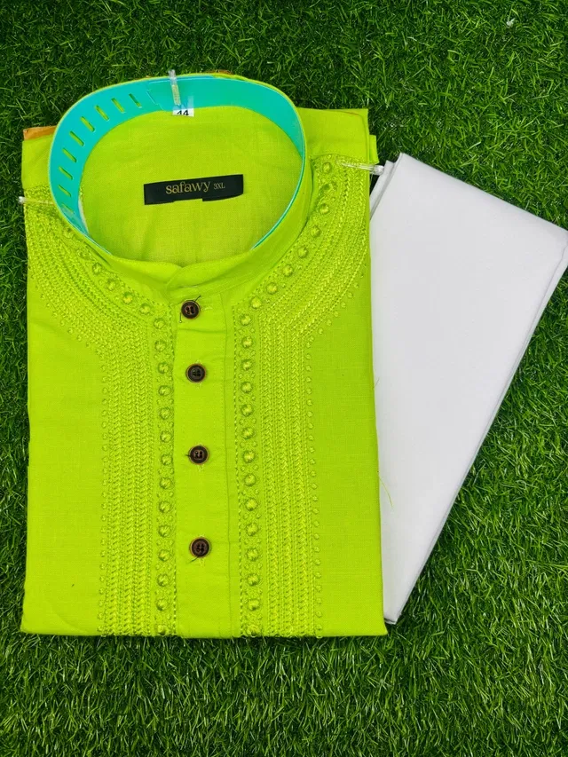 Cotton Blend Embroidered Kurta with Pyjama for Men, Green & White (XXL)