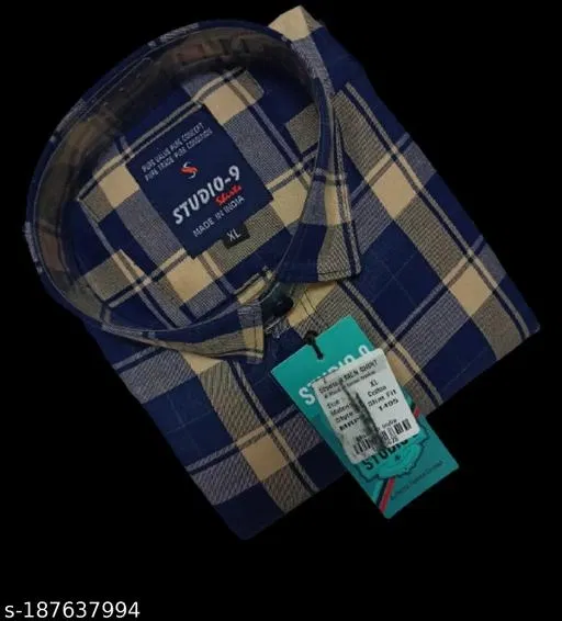 Cotton Blend Checkred Shirt for Men, Cream & Blue (S)