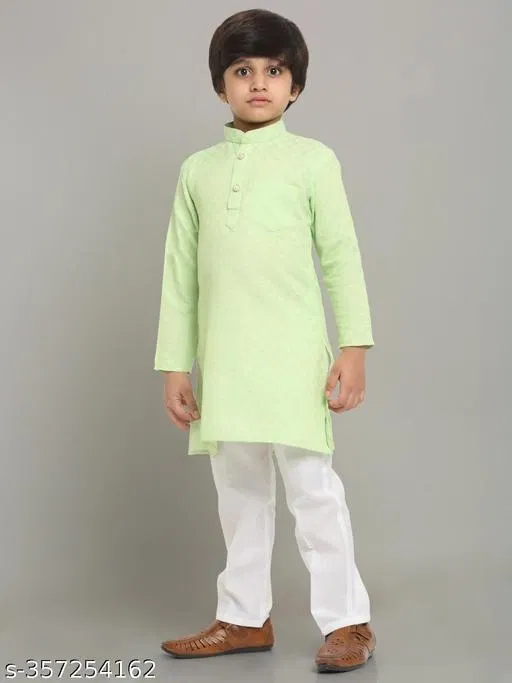 Cotton Blend Kurta with Pyjama for Boys (Green & White, 9-12 Months)