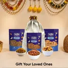 Designer Potli + Navguni Almond Nonpareil 200 g + Navguni Kishmish Indian (Long) 200 g + Navguni Chhuara (Yellow) 250 g