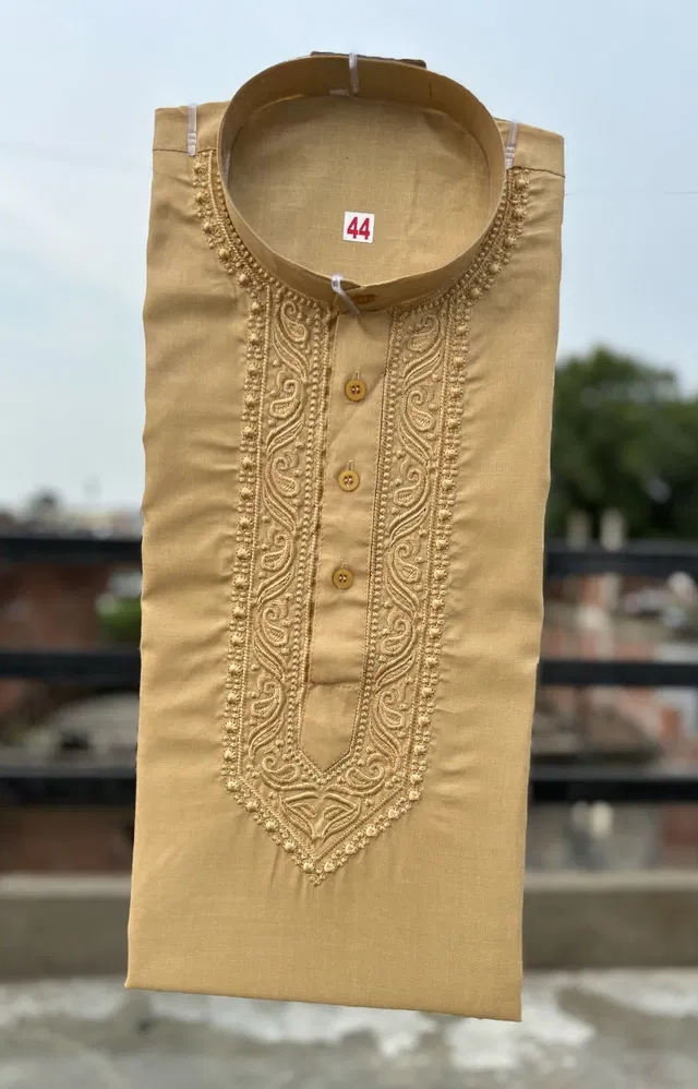 Cotton Embroidered Kurta for Men (Cream, L)