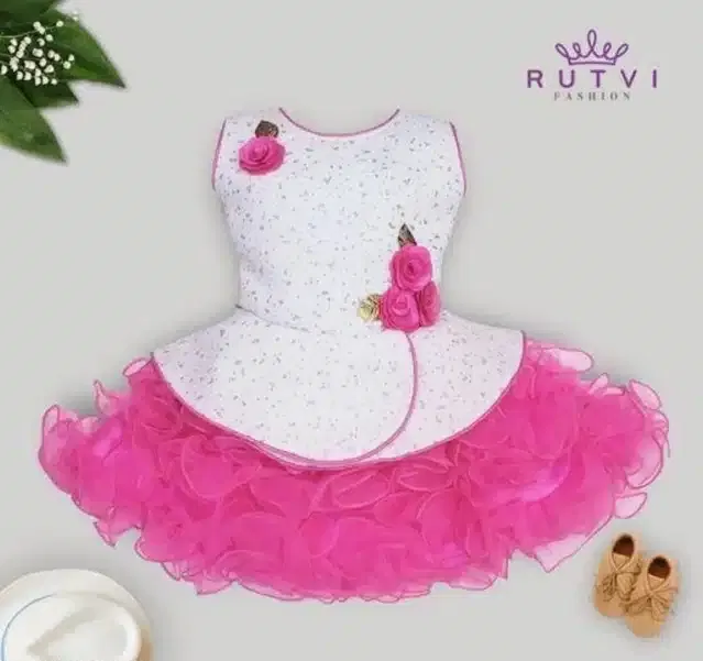 Cotton Blend Frock for Girls (White & Pink, 12-18 Months)