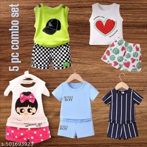 Hosiery Cotton Printed Clothing Set for Kids, Multicolor, Pack of 5 (6-9 Months)