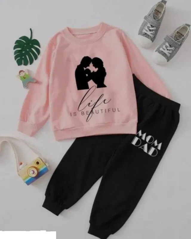 Hosiery Printed Clothing Set for Kids (Peach & Black, 1-2 Years)