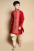 Dupion Silk Embroidery Kurta with Dhoti for Boys, Maroon & White 