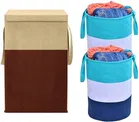 Canvas Laundry Basket,Beige & Green,  