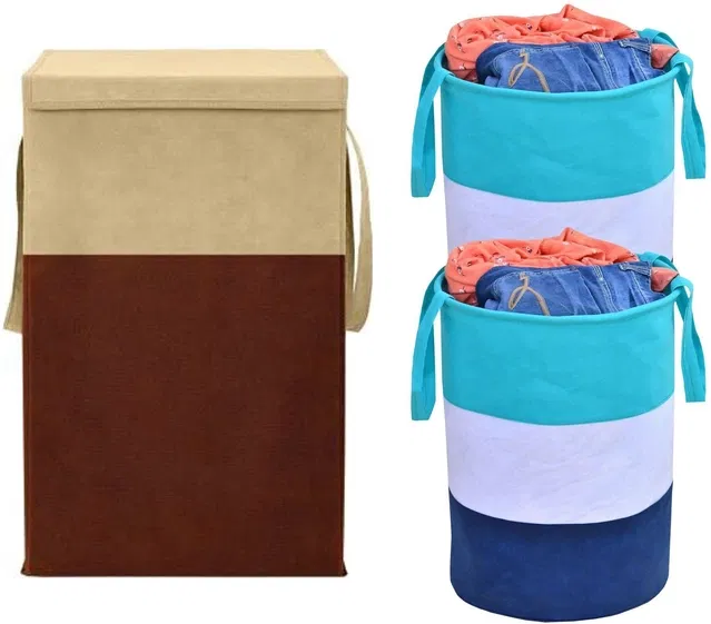 Canvas Laundry Basket,Beige & Green, (Pack Of 3)