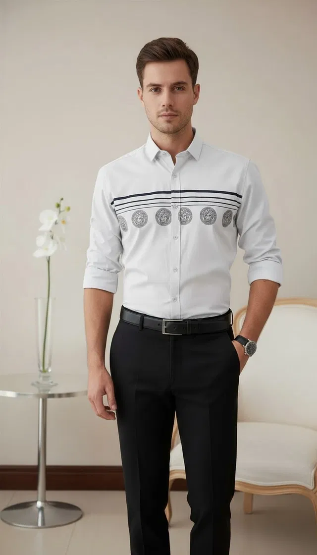 Full Sleeves Printed Shirt  For Men, White (M)
