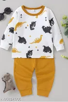 Cotton Blend Printed Clothing Set for Kids, White & Mustard 