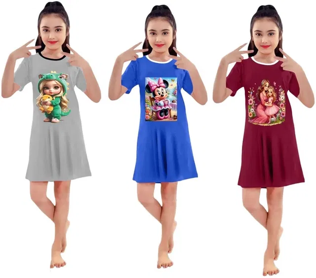 Graphic Print Shift Dress for Girls, Pack of 3 (Multicolor, 3-4 Y)