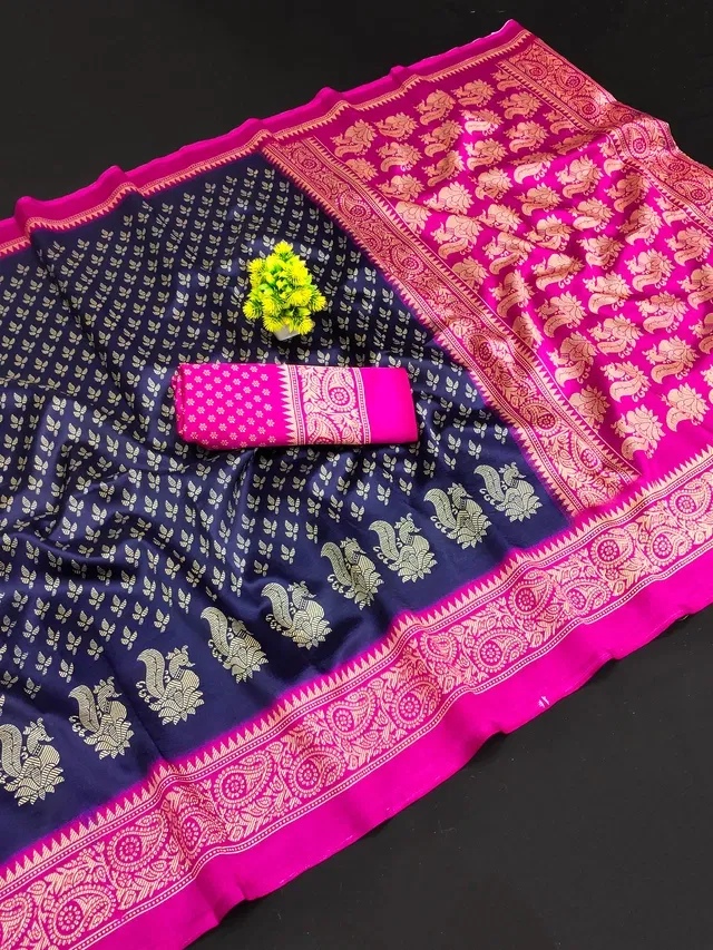 Mysore Silk Printed Saree for Women (Navy Blue, 6.3 m)