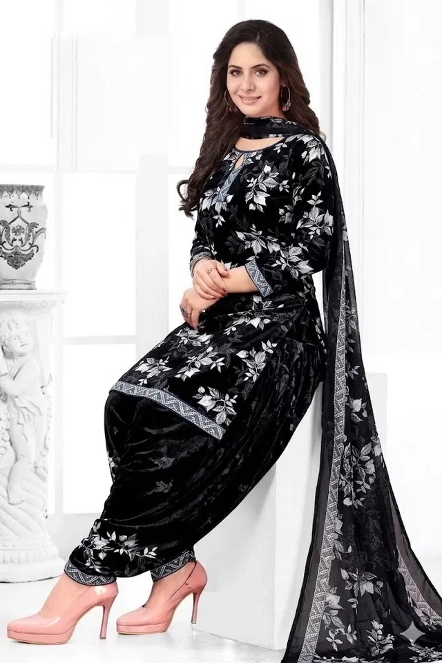 Punjabi Floral Suit for Women (Black, Black)