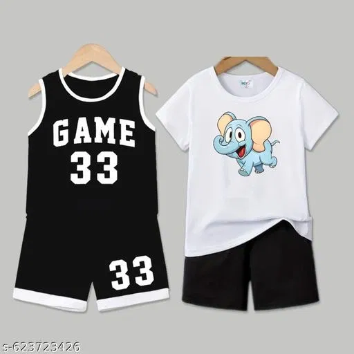 Cotton Blend Printed Clothing Set for Boys, Black & White, Pack Of 2 (6-12 Months)