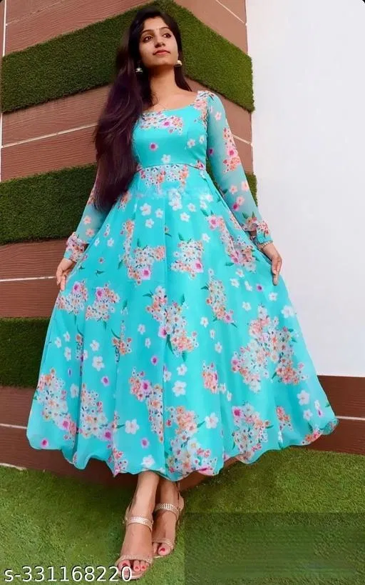 Floral Designer Gown Kurti for Ladies for Women (Aqua Blue, XXXL)