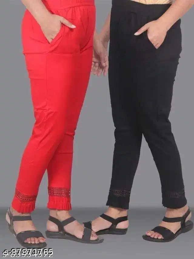 Cotton Lycra Trousers for Women (Pink & Black, 30) (Pack of 2)