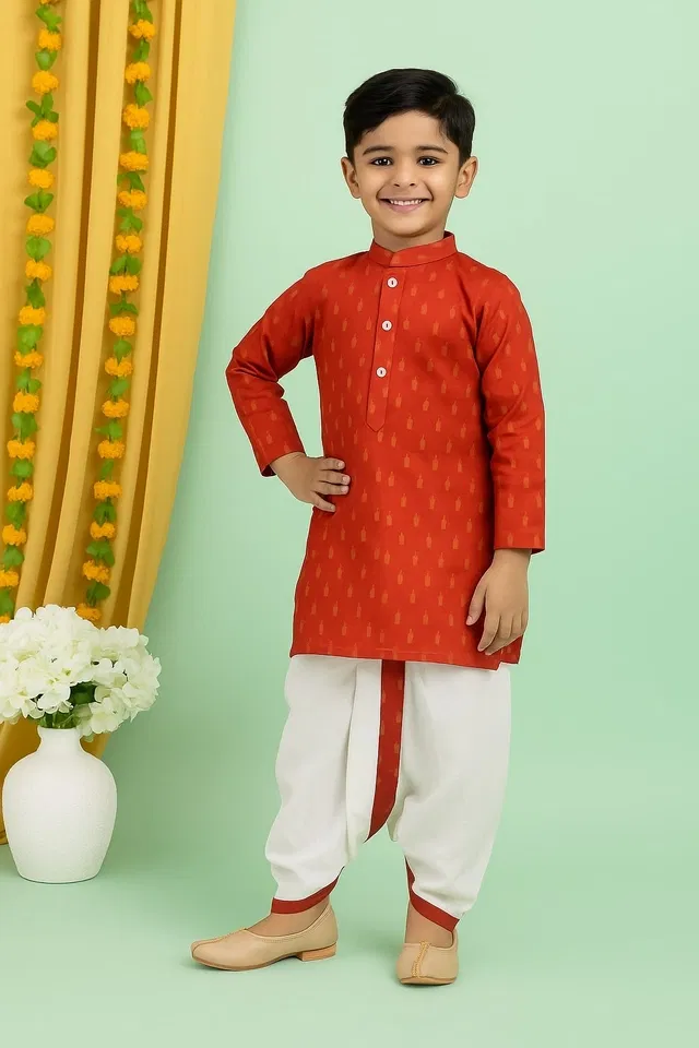 Cotton Blend Printed Kurta & Paints Set for Boys , Maroon (3-4 Years)