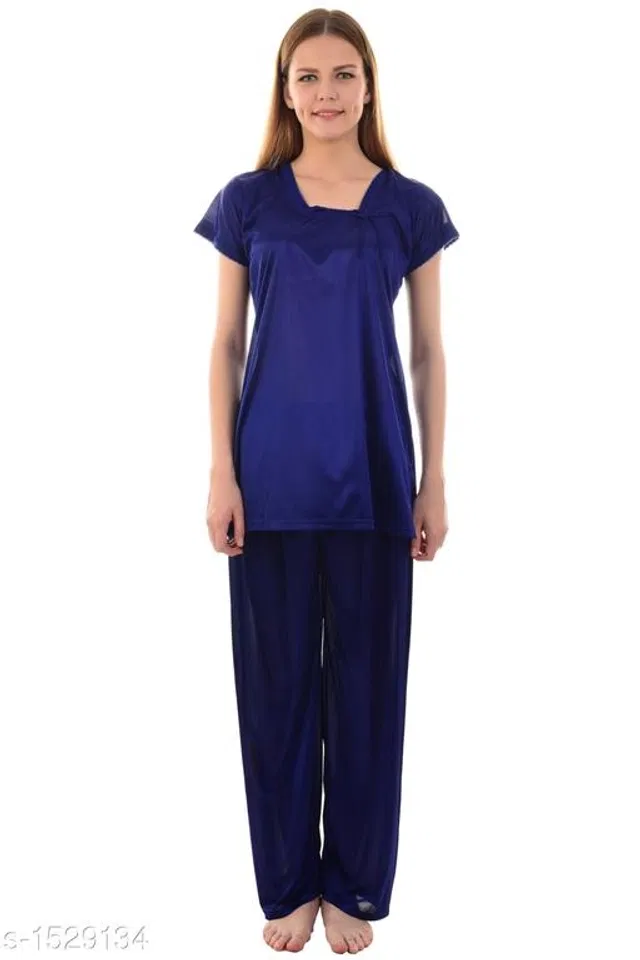 Satin Nightsuit Set for Women (Navy Blue, M)
