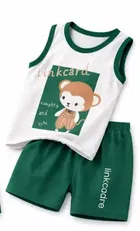 Teddy Bear Print Cotton Clothing Set for Kids ,Green & White 