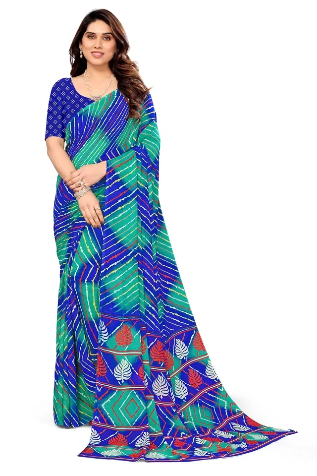 Georgette Printed Saree for Women (Blue, 6.3 m)