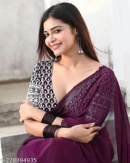 Georgette Solid Saree For Women, Purple
