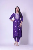 Cotton Embellished Kurta with Pant for Women (Purple, S)
