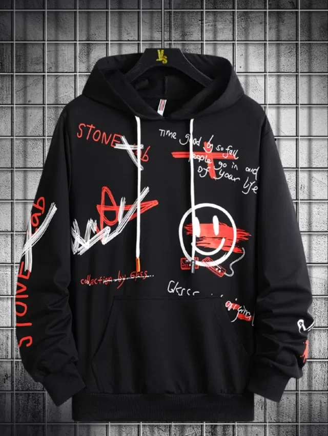 Fleece Printed Hoodie for Men (Black, M)