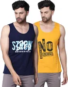 Cotton Blend Printed Vest for Men (Yellow & Navy Blue, L) (Pack of 2)