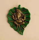 Ecraftindia Metal Golden Lord Ganesha On Green Leaf Wall Hanging Sculpture Decorative Religious Showpiece For Home Wall Decor, Pooja Room, Temple & House Warming Gift Purpose