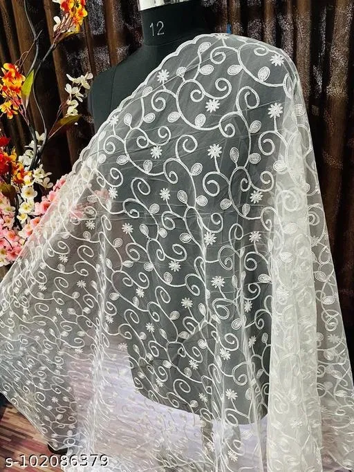 Floral Embroidered Net Dupatta for Women (White, Free Size)