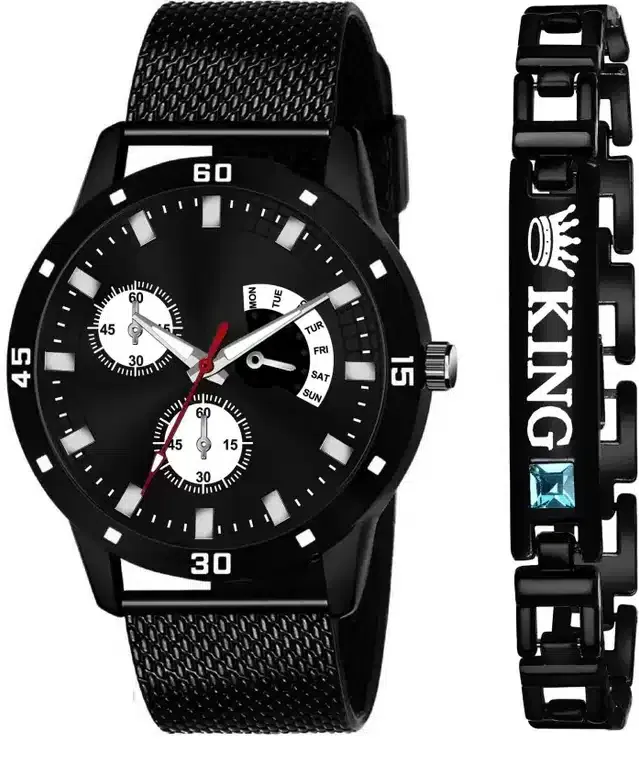 Analog Watch with Bracelet for Men (Black, Set of 2)