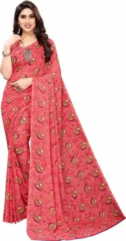 कनूड़ा फैंसी विमेंस जॉर्जेट फ्लावर प्रिंटेड साड़ी (पिंक) (K-062)