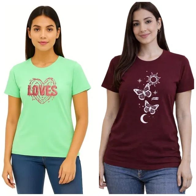 Cotton Blend T-shirt for Women, Maroon & Green, Pack of 2 (L)
