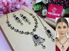 Mehandi Finish White Kundan Crystals studded Sparkling Partywear Necklace Set, Black, Free Size for Women