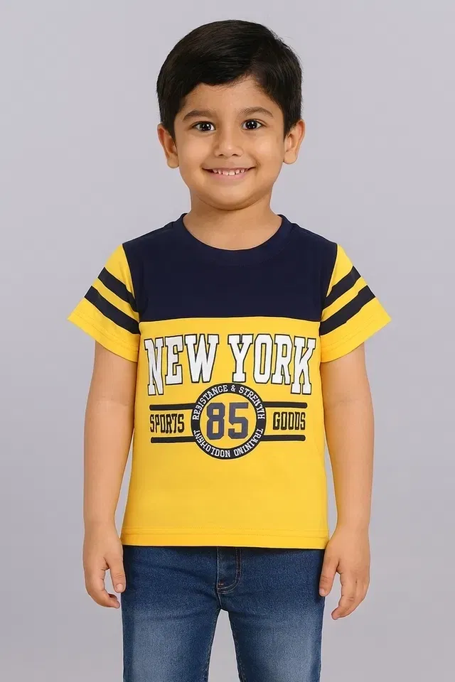 Round Neck Printed T-Shirt for Boys (Yellow & Blue, 5-6 Years)