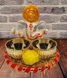 Metal Decorative Ganpati Haldi Kumkum Stand with 2 Roli Chawal Holder, Multicolor