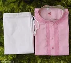Cotton Solid Kurta Set for Men, White & Pink 