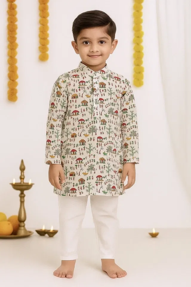 Cotton Printed Kurta with Payjama for Boys, Red & White (5-6 Years)