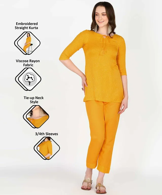 Rayon Embellished Top & Bottom Set for Women (Yellow, L)