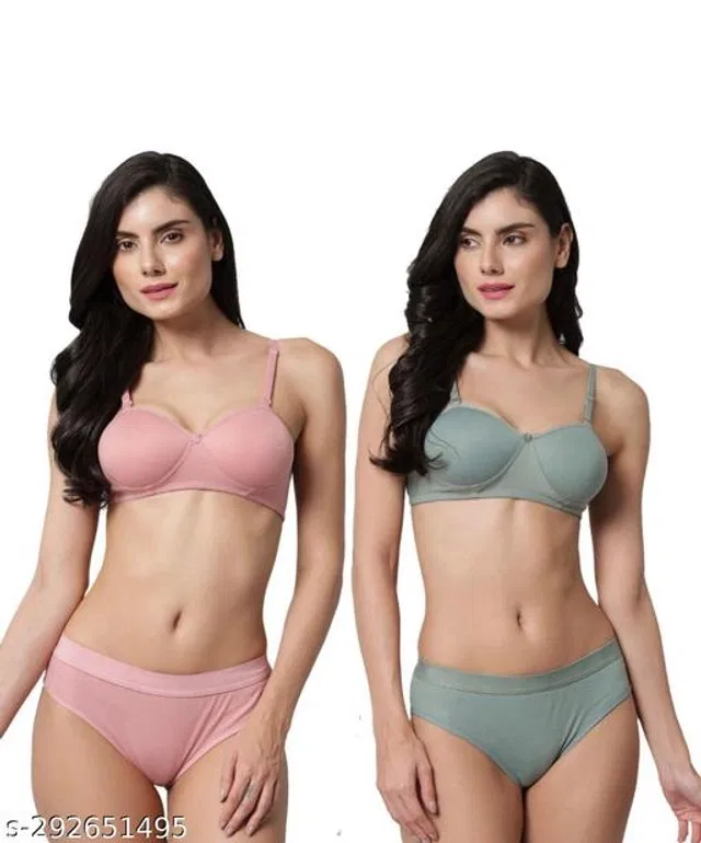 Cotton Blend Solid Lingerie Set for Women (Multicolor, 32A) (Pack of 2)