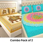 Jaipuri Cotton 88x88 Inch Double Bedsheet with 2 Pillow Cover (Yellow) & (Green) Pack of 2