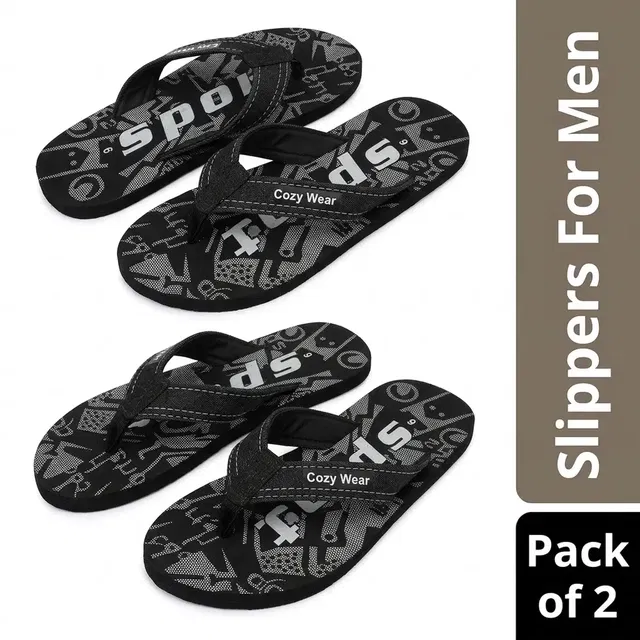 Cozy Wear Slippers for Men - Pack of 2, Black, Size 6